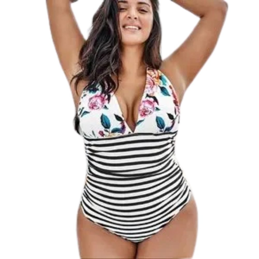CUPSHE One Piece Floral and Stripe Swim Suit - NWT!